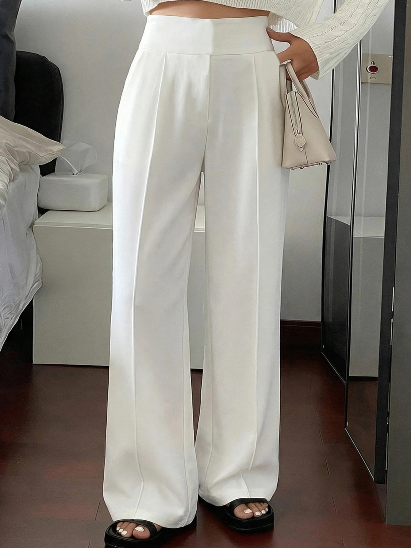 Women Loose Straight Leg Pants Minimalist White Casual Long Slimming Cargo With Stripe n Standard Size Suitable 260625 - view 7