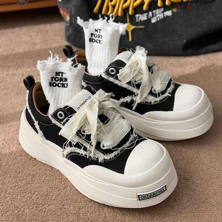 New Vintage Fringed Canvas Platform Shoes for Men Wavy Thick Sole Raw Frayed Edge Lace Up Streetwear Walking Sneakers - view 5