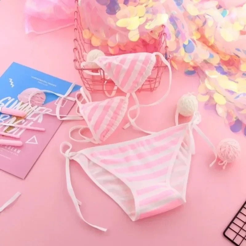 Japan Sexy Lingerie Lolita Kawaii Blue Pink White Striped Mini Bikini Adult Cosplay Women Bra Underwear Frenum Swimsuit Set 260625