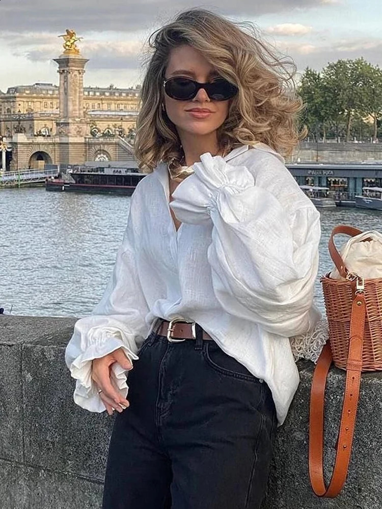 2026 Women White Linen Shirt Oversized Lantern Long Sleeve Pleated Cuff French Vintage Breathable Summer Office Casual Blouse 260626 - view 3