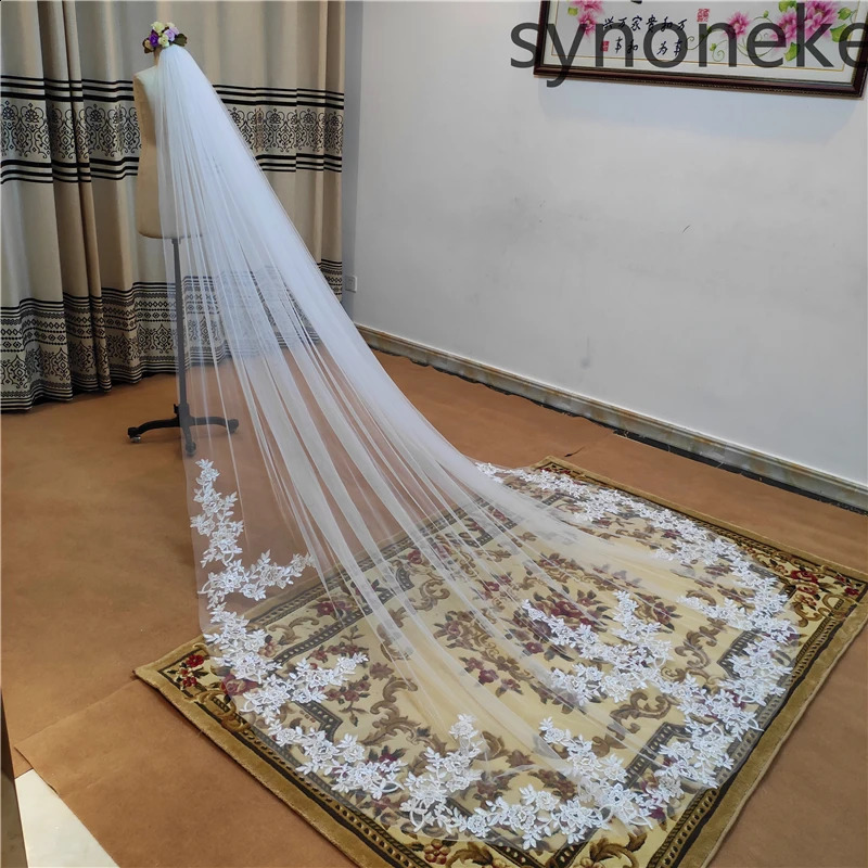 Po One Layer Bridal Veil with Comb White Lace Edge Ivory Appliqued Cathedral Wedding Veil for Brides 260617 - view 4