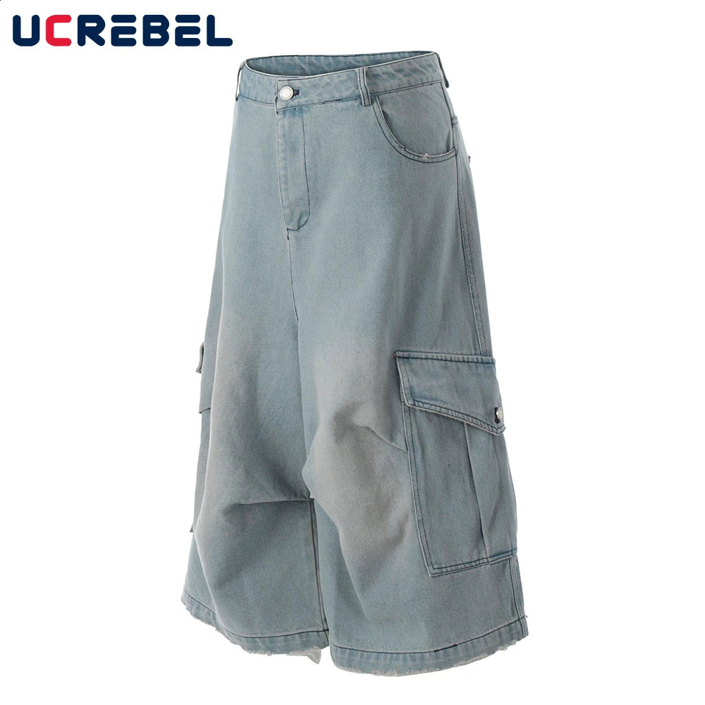 Pocket Pleated Denim Shorts Mens Washed Distressed Summer Retro High Street Loose Wide Leg Short Pants Men 260625 - view 3
