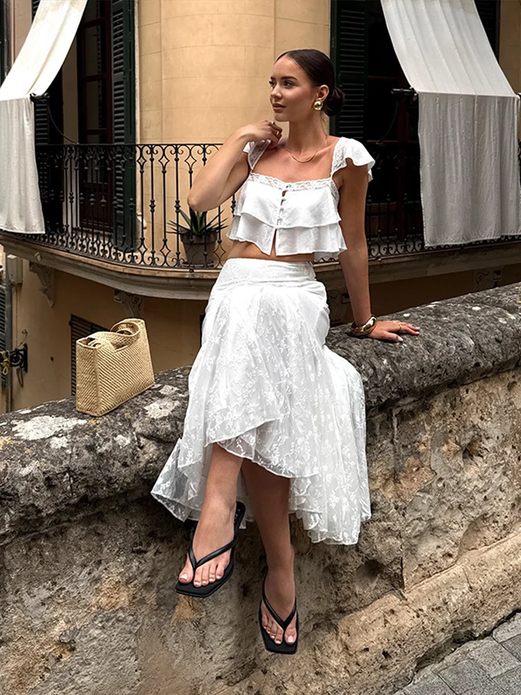 2026 Summer Fashion Square Neck Ruffled Crop Top Pleated Midi Skirt 2Piece Set Elegant Boho Resort Vacation Casual Outfits 260625