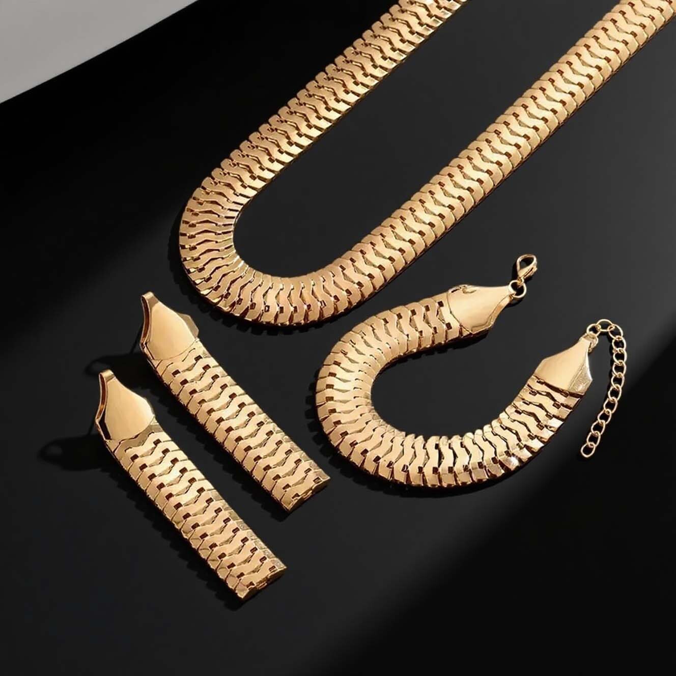 3Pcs Jewelry Set 18K Gold Plated Wavy Snake Chain Choker Necklace Drop Earrings Bracelet Minimalist Daily Women Versatile Statement Accessories