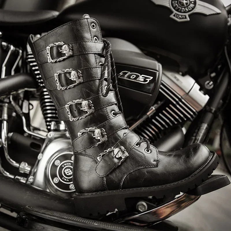 Large Size 37-46 Mens PU Leather Motorcycle Boots Mid-calf Breathable Boots Gothic Belt Punk Boots Men Punk Shoes 260626 - view 3