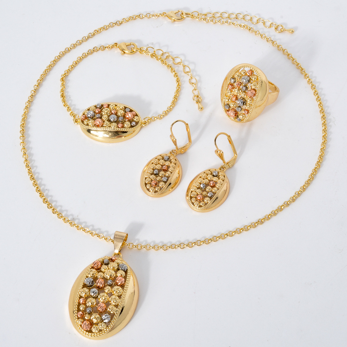 Necklace Bracelet Jewelry New Product: Oval Hollow Electroplated Steel Bead Necklace Bracelet Earrings Ring Niche Design Set - view 6