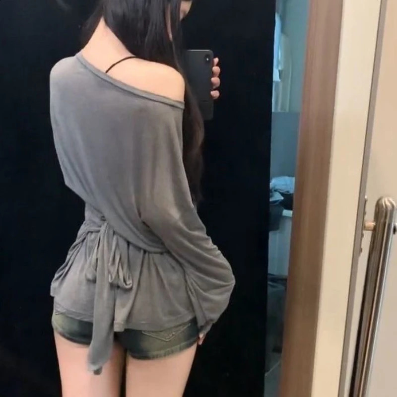 Sexy Thin See Through Long Sleeve T Shirt Women Bandage Off Shoulder Oversize Top Female Basic Long Tees Korean Chic Lady 260626 - view 6