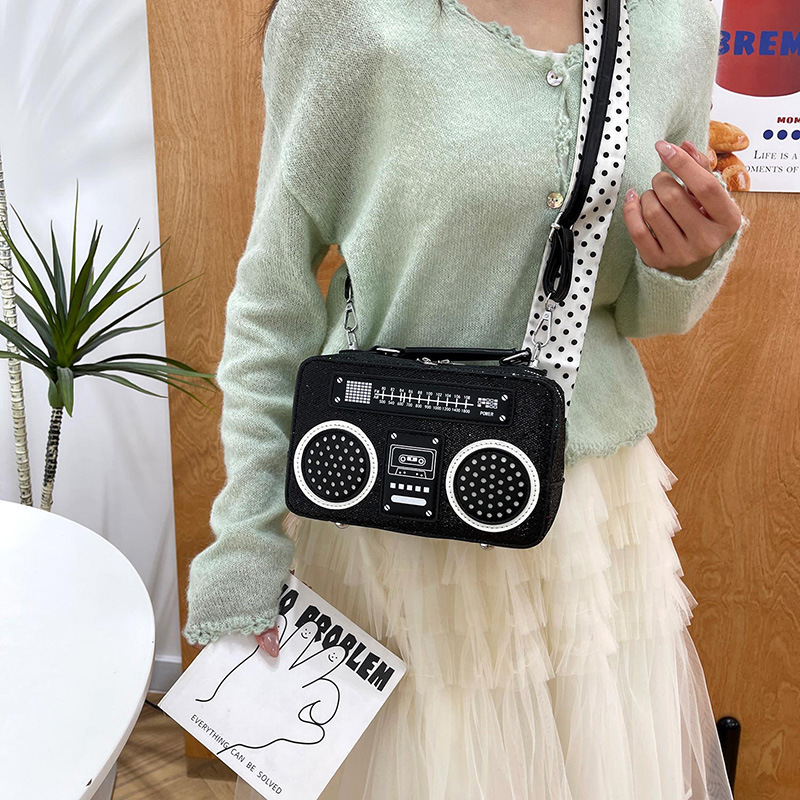 Trend Radio Shape PU Crossbody Bag Retro Sequin Box Handbag Hip Hop Party Shoulder Purse, Vintage Cassette Speaker Pattern, Evening Dating Handheld Ba - view 3