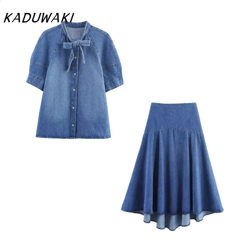 KADUWAKI American Retro Casual Womens O Neck Short Sleeve Shirt Top Solid Sagging Sense Long Skirt Sets Spicy Girl 2piece Set 260625 - view 7