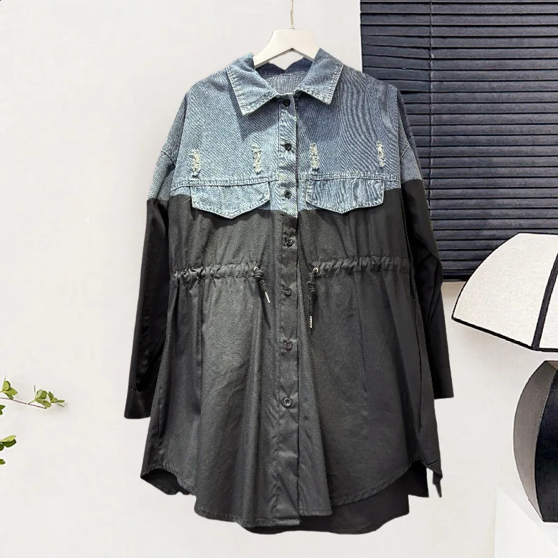 SuperAen Denim Patchwork Womens Spring and Autumn Loose Casual Long-Sleeved Fashion Top European and American Style Shirts 260626