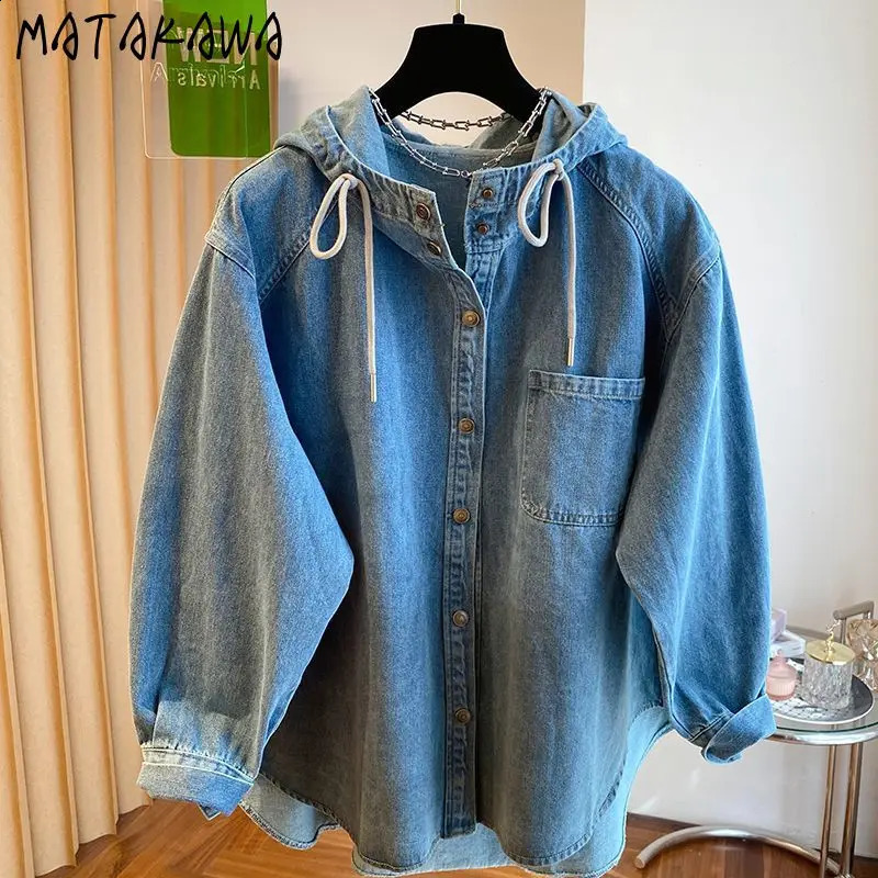 Matakawa Denim Shirtsblouses Women Tops Hooded Spring Autumn Solid Retro Blusas Mujer Korean Fashion Casual Camisas 260626