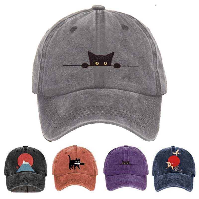 Cotton Unisex Spring Time Mens Baseball Printed with A Cute Cat PatternA Casual Sports Visorand A Washedretro-style M260626