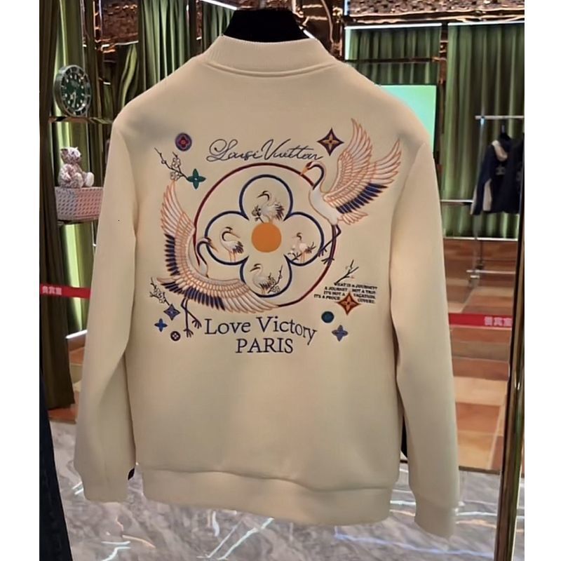 Men's Baseball Jacket, Athleisure Varsity Sports Jacket with Large Embroidered Bird and Flower Graphic - Polyester Winter Outerwear, Shawl Collar, Hoo - view 6