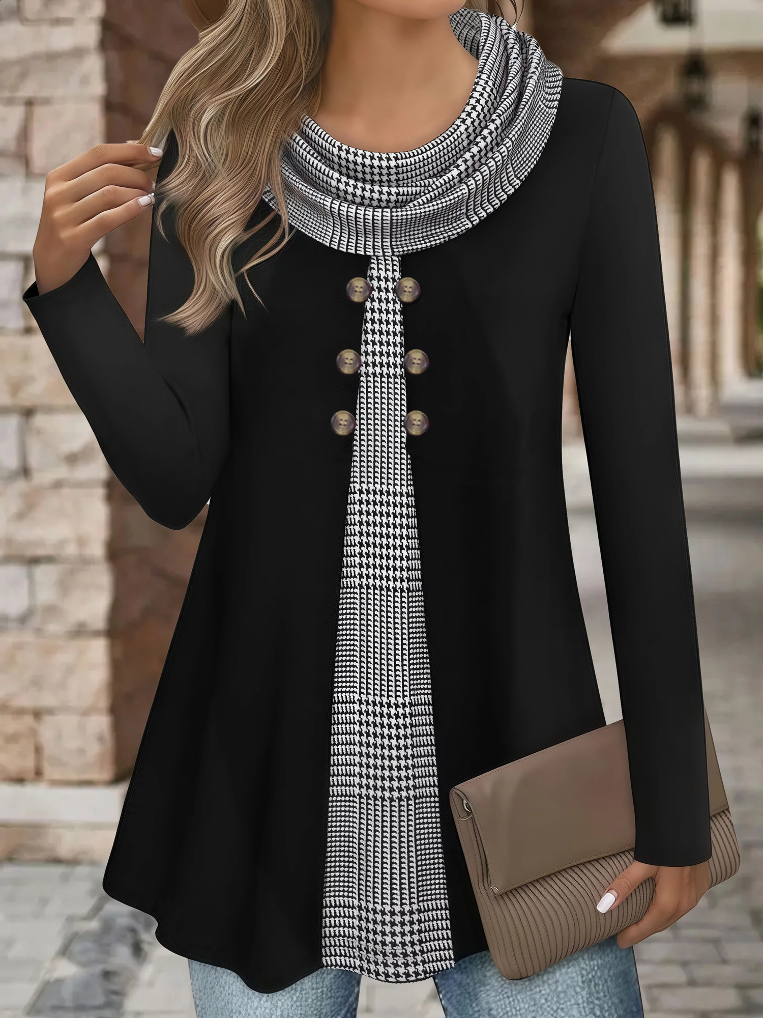 European and American fashion plaid print fake two-piece pleated scarf wild button plus size womens thin long-sleeved T-shirt 260626 - view 7