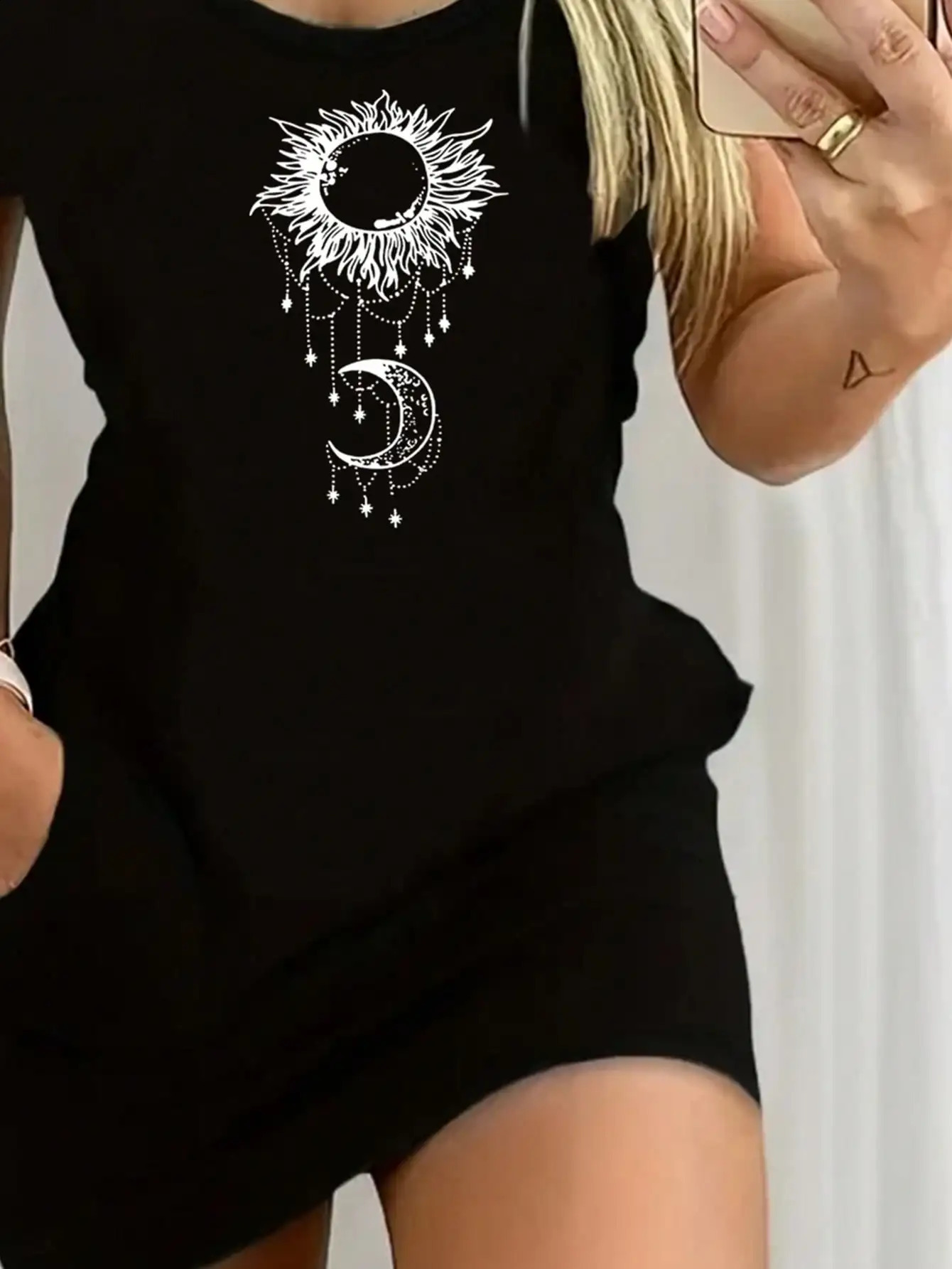 2026 Womens Casual Elegant Style Sun Moon Pattern Solid Color Round Neck Short Sleeve Sexy Dress Skirt 260625 - view 5