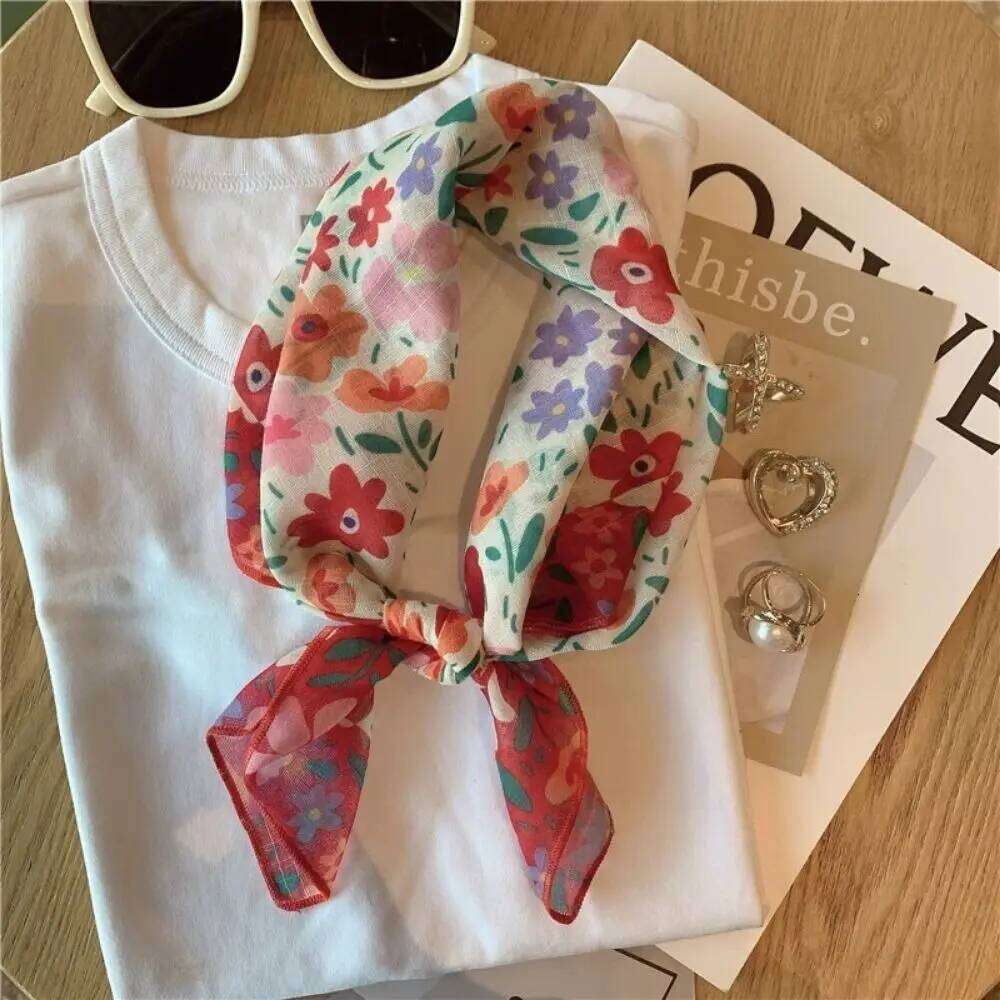 Women's Summer Cotton Linen Small Square Scarf Korean Style Bandanna Floral Print Headscarf Girls Hair Accessoories Shawl 26Y06226 - view 6