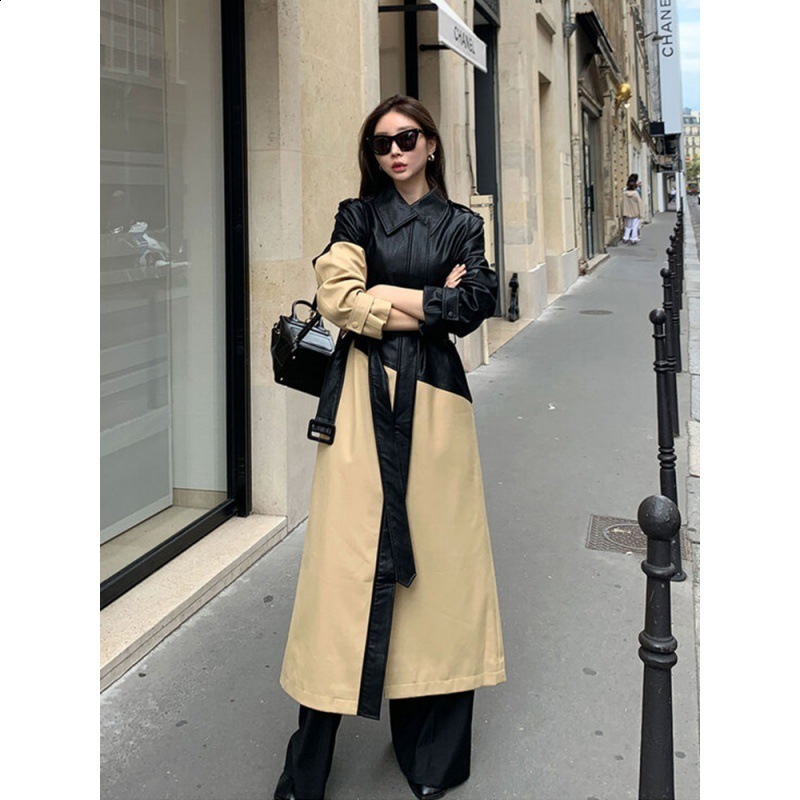 Fashion comparison Womens long jacket pu leather with a lapel and a thick collar autumn jacket with belt 241119