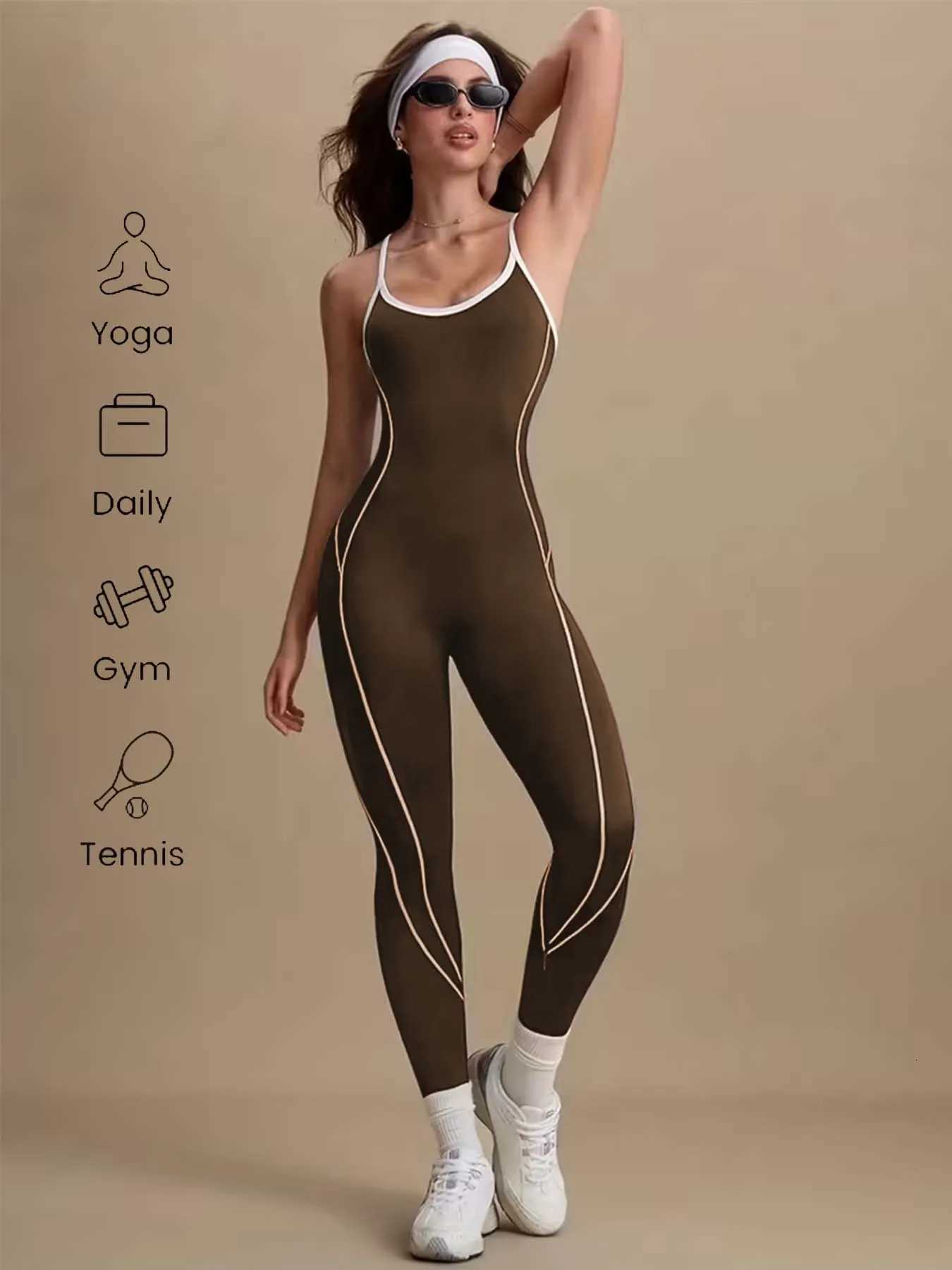 Colorblock Line Yoga Jumpsuit Womens Sleeveless One-Piece Workout Bodysuit High Elastic Tummy Control Sportswear for Gym Yoga M260626 - view 6