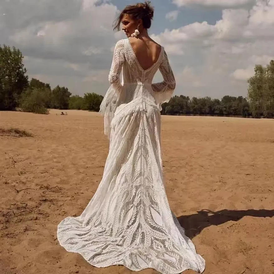 Retro Hippie Cowgirl Country Style Bohemian Lace Wedding Dress With Tassel Flare Long Sleeves Sexy V Neck Backless Bridal Gown Elegant Robe De Mariee - view 4