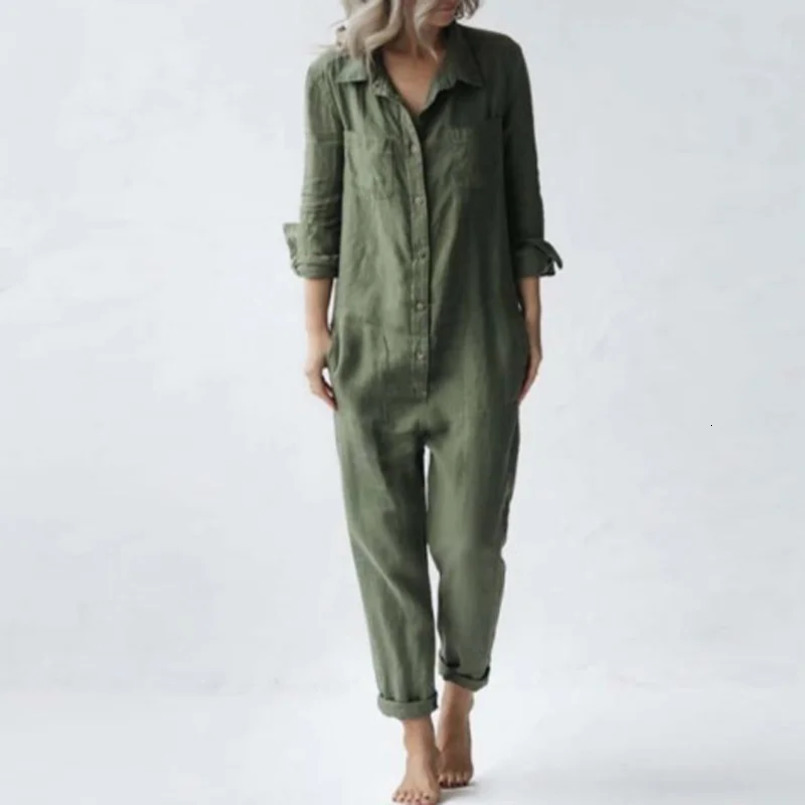 Cotton Linen Vintage Jumpsuits Women Single Breasted Button n Turndown Collar Long Sleeve Romper Solid Pockets Overalls 260625