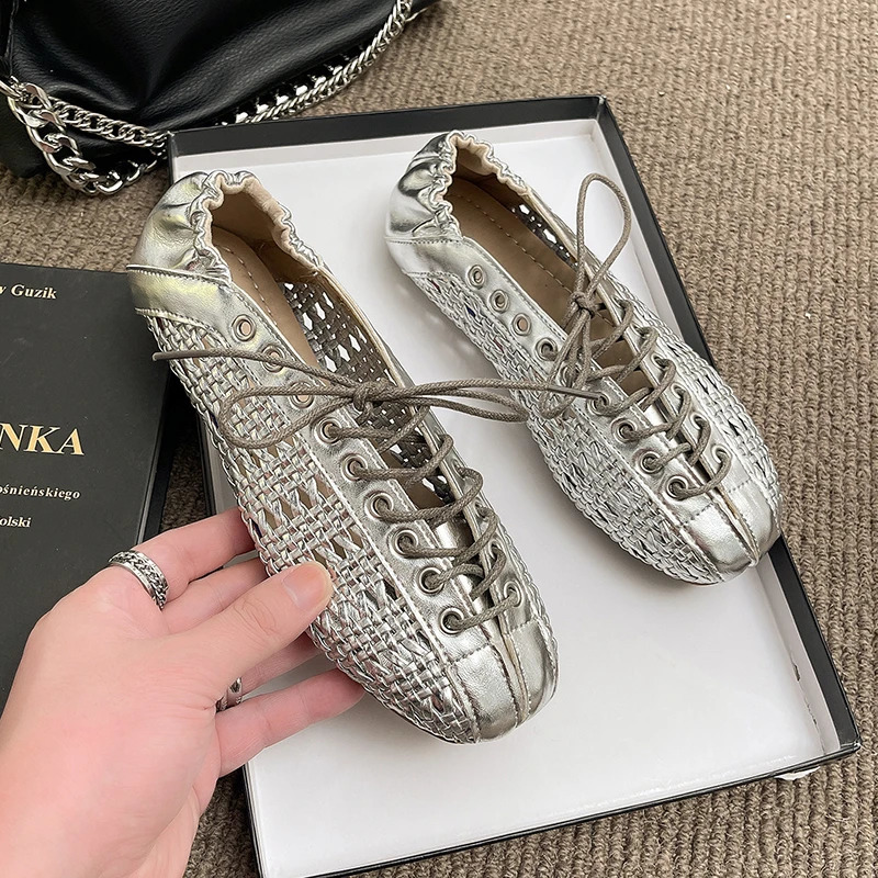 2026 Summer Breathable Hollow Out Weave Women Ballet Flats Fashion Mary Jane Shoes Soft Soles Walking Loafers Casual Girls 260626 - view 6