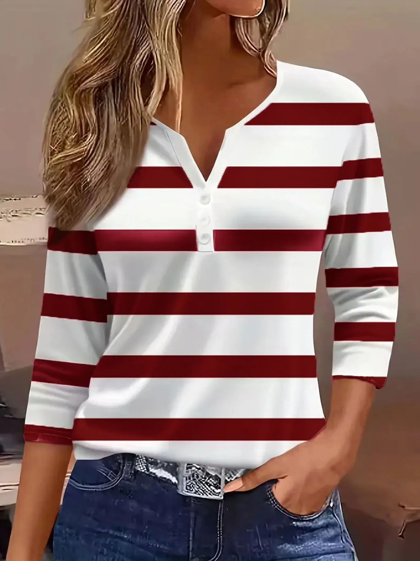 Ladies striped and printed half-button placket large-size long-sleeved T-shirt fashionable elegant casual warm long-sleeved 260626 - view 3