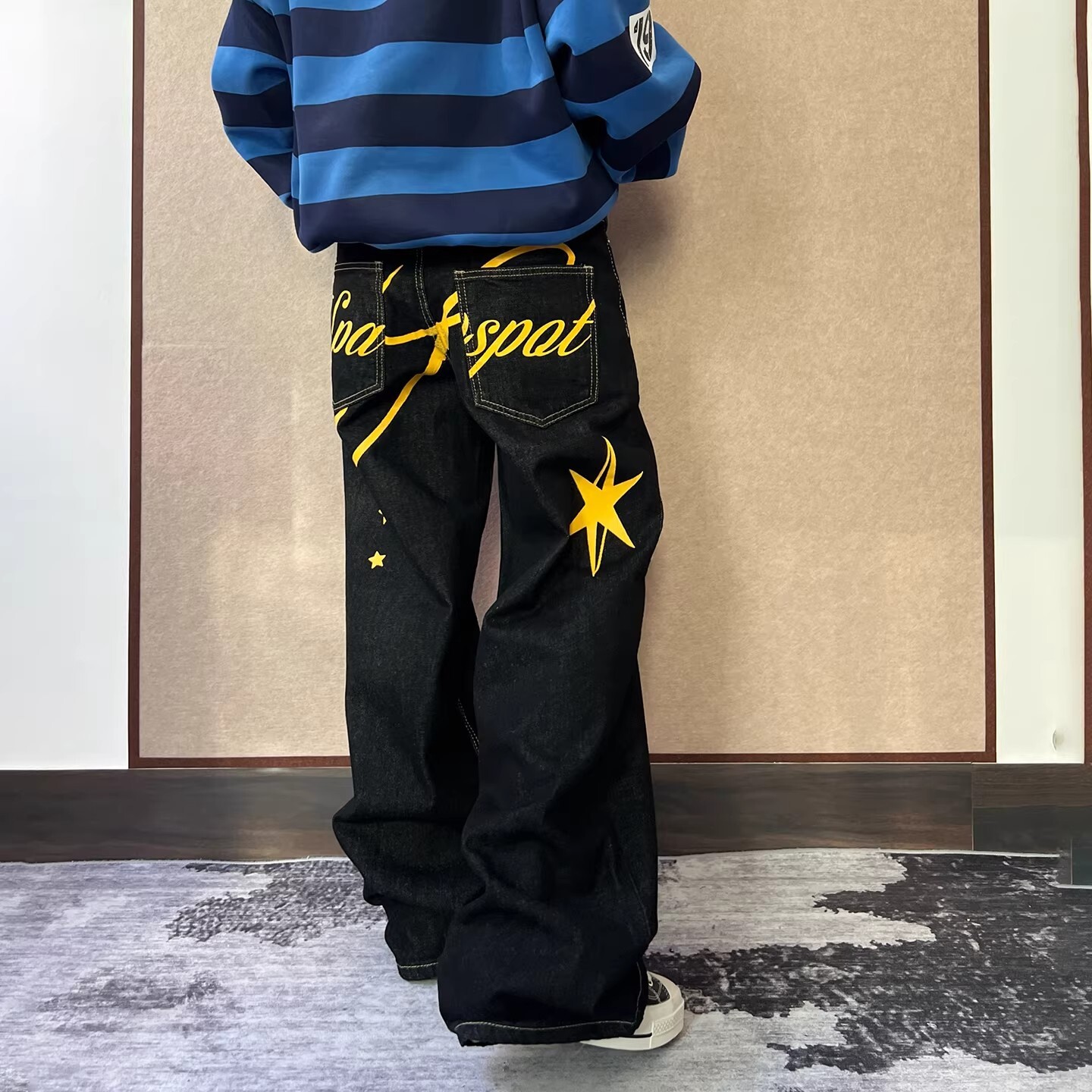 Zhichou Original American-Style Letter Star Print Jeans For Men And Women, Loose-Fitting Boyfriend Style Street Design Wide-Leg Pants