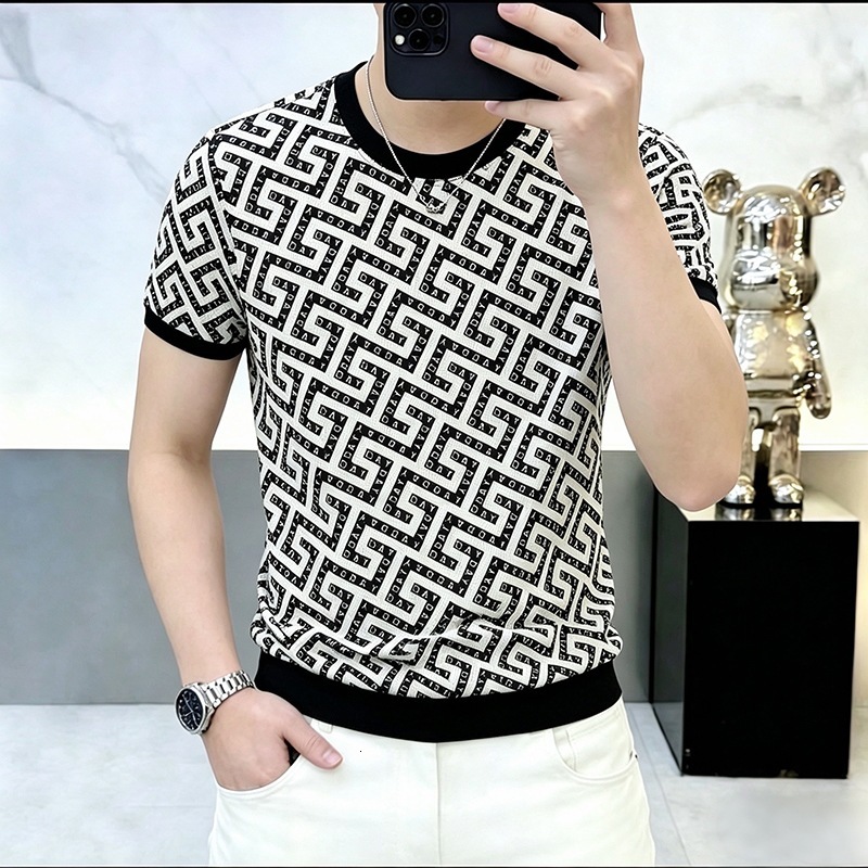 2026 Fashion Trendy Men's Clothing Nylon Ice Silk Smooth Hollow Breathable European Style Short Sleeve Men Round-Neck Pullover - view 3