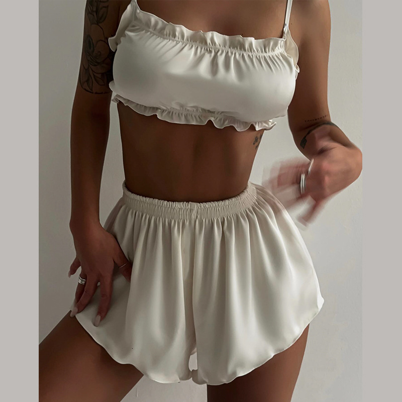 Womens Casual Two Piece Set Womens Strapless Ruffle Crop Top Loose Short Bottom Matching Outfit For Women Daily Loungewear Beach Summer Holiday Outfit
