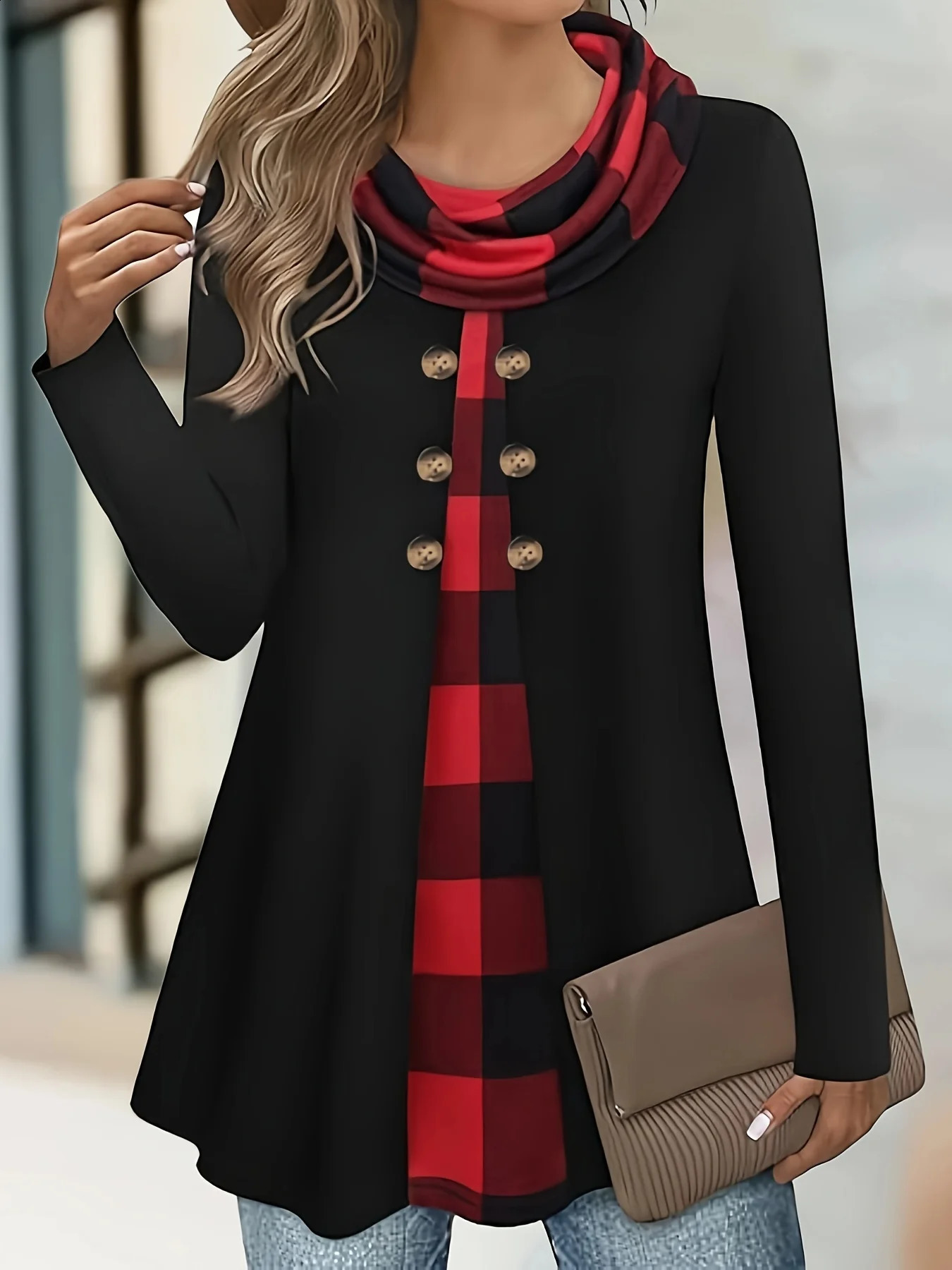 European and American fashion plaid print fake two-piece pleated scarf wild button plus size womens thin long-sleeved T-shirt 260626
