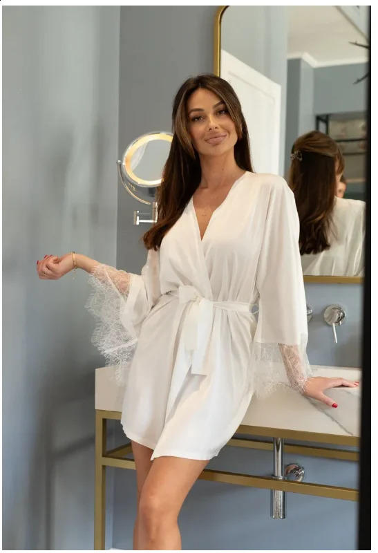 Bridal White Satin Robe Bride Robe with Lace Sleeves White Boudoir Robe Kimono Silk Robe with Lace Sleeves Bridesmaid Robe260622 - view 4