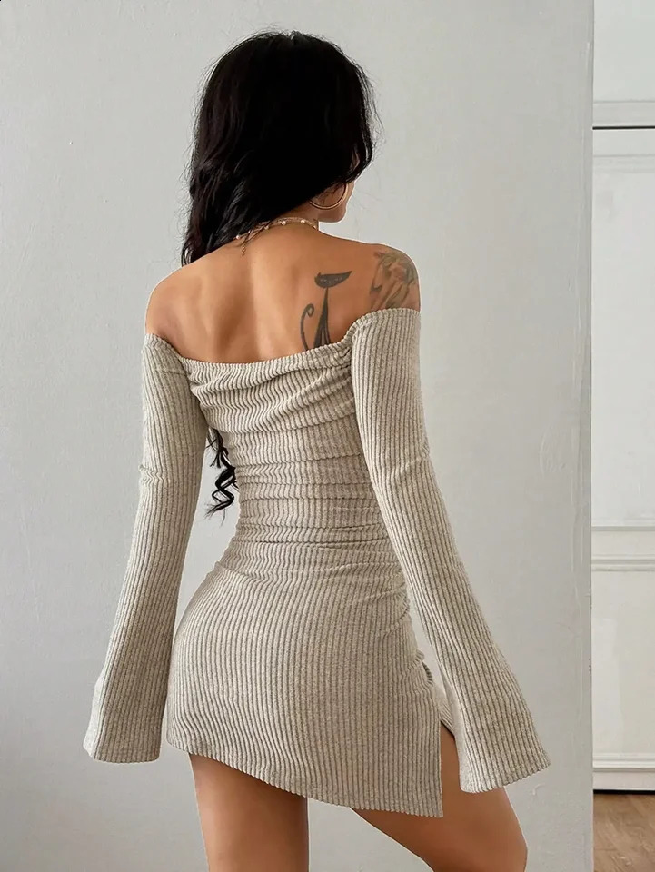 Elegant Solid Color Knitted OffShoulder Slim Asymmetrical Dress for Ladies Fashionable Casual Maxi Length ALine Gown 260625 - view 3