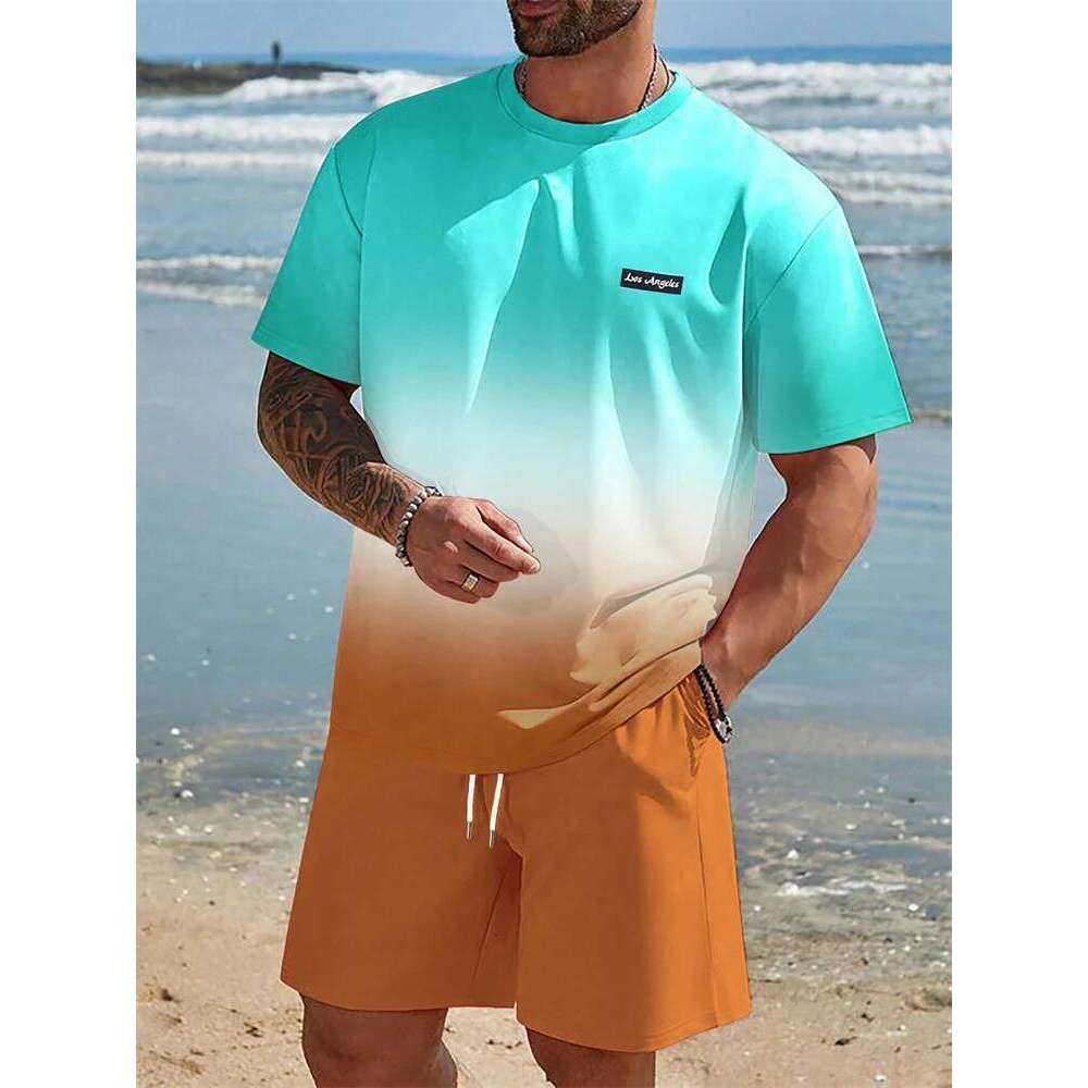 Summer Sportswear Fashion Casual Short Sleeve Vacation Style Gradient Printing Men's T-Shirt Shorts Suit Menswear 26Y0626 - view 3