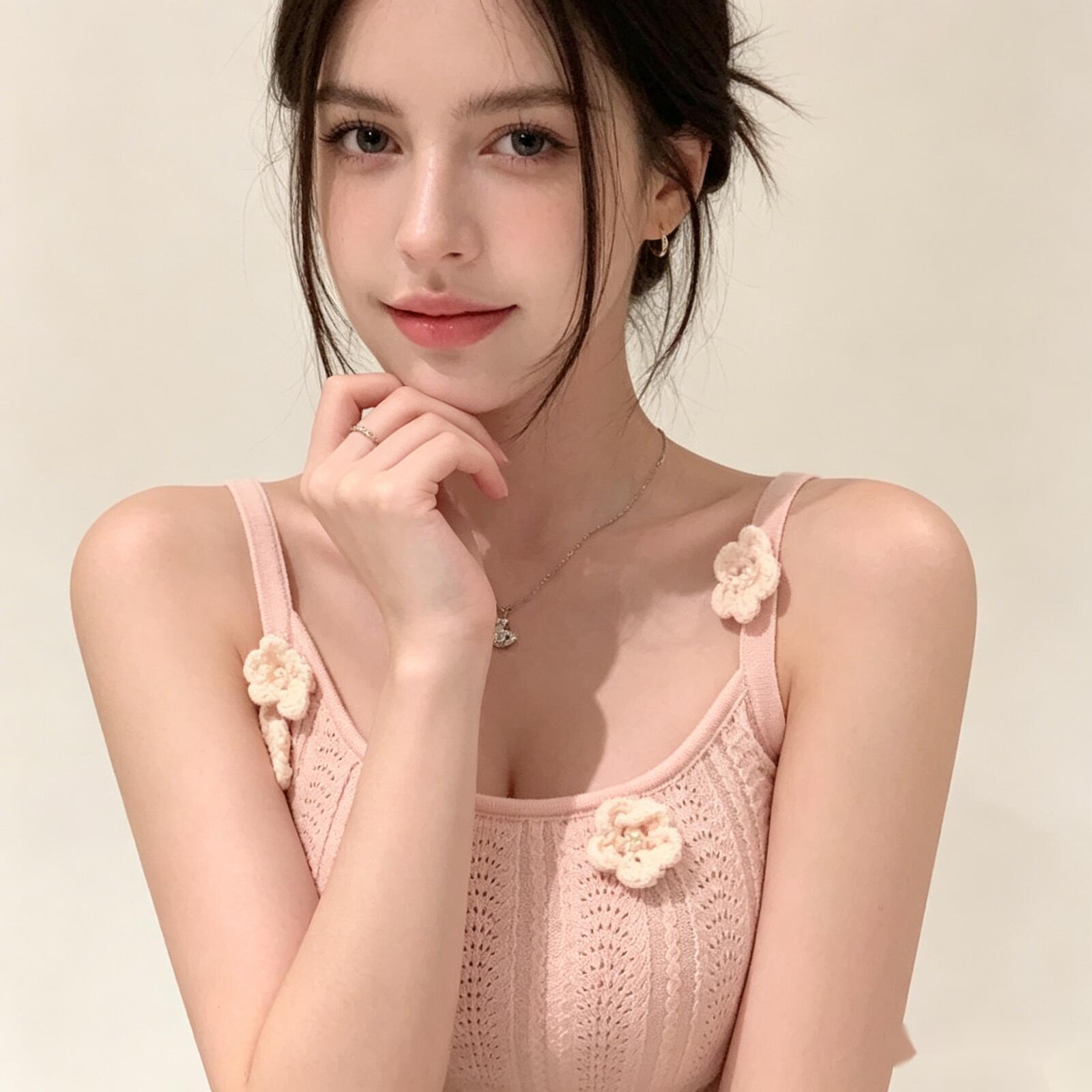 Womens Knit Camisole Top Womens 3D Floral Thin Strap Slim Fit Niche Layer Tank For Women Daily Summer Vacation Beach Casual Outfits - view 7