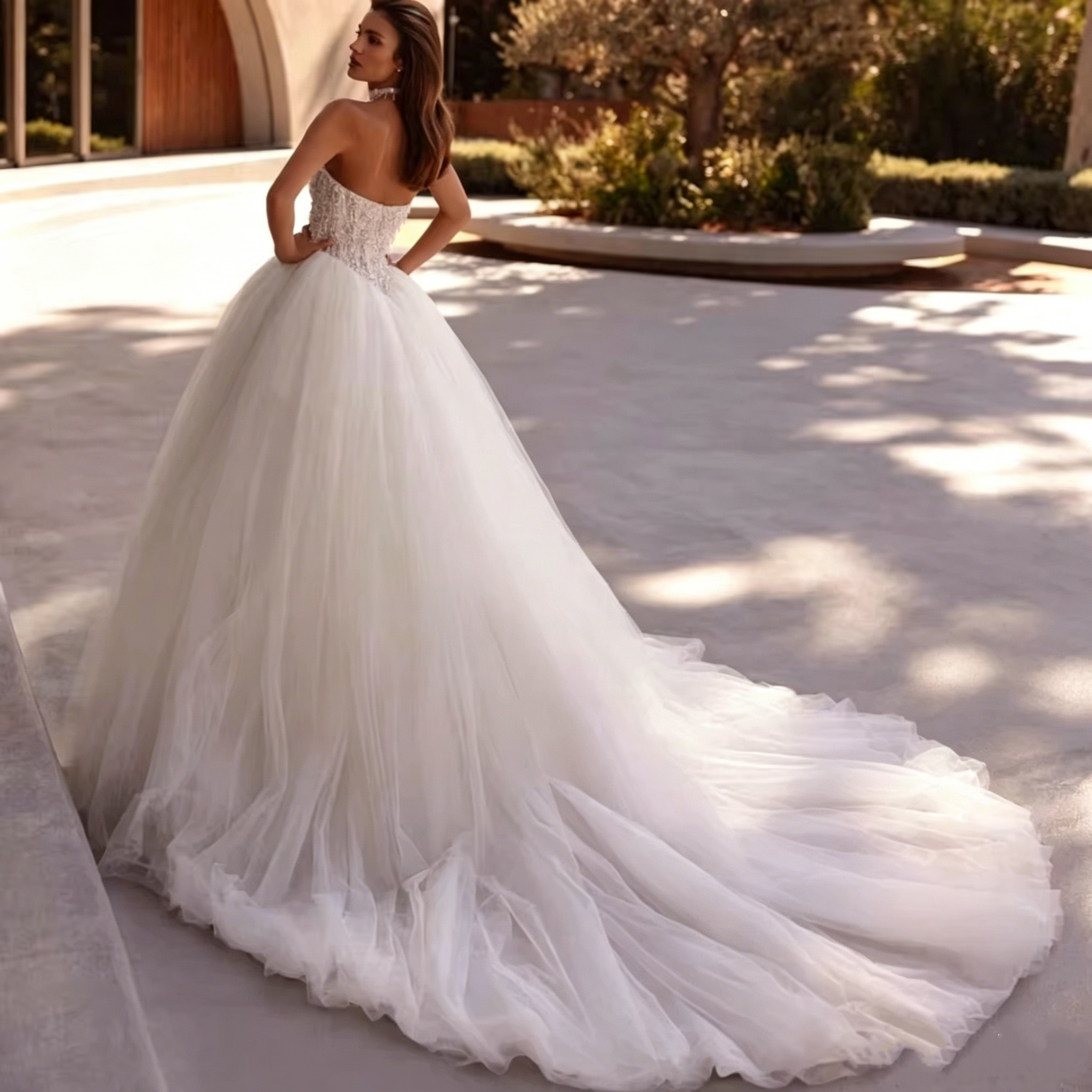 Elegant A Line Wedding Dress For Women Strapless Sleeveless Bridal Gown Pearls Sweep Train Dresses Custom Made vestidos de novia - view 4