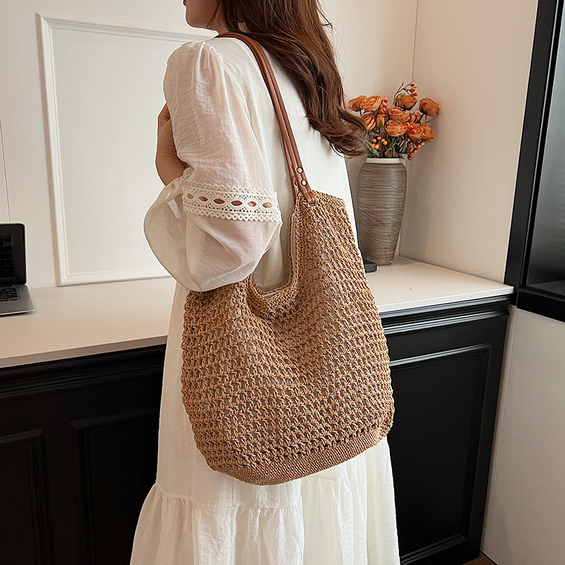 Vintage Handmade Straw Woven Tote Bag For Women, Artistic Cotton Thread Casual Beach Vacation Shoulder Handbag