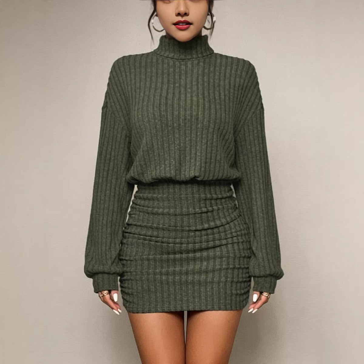 Cross-border foreign trade Amazon European American autumn and winter new style bodycon long-sleeve high-neck ribbed knit sexy dress WONST - view 3