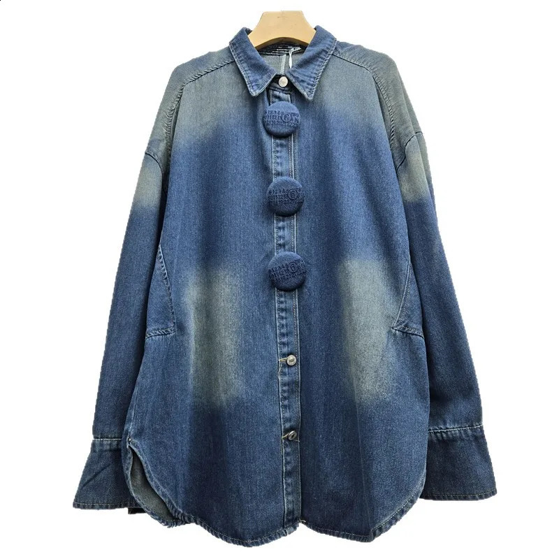 SuperAen European and American Autumn and Winter Polo Collar Long-sleeved Large-button n Contrast Color Loose Denim Shirts 260626 - view 6