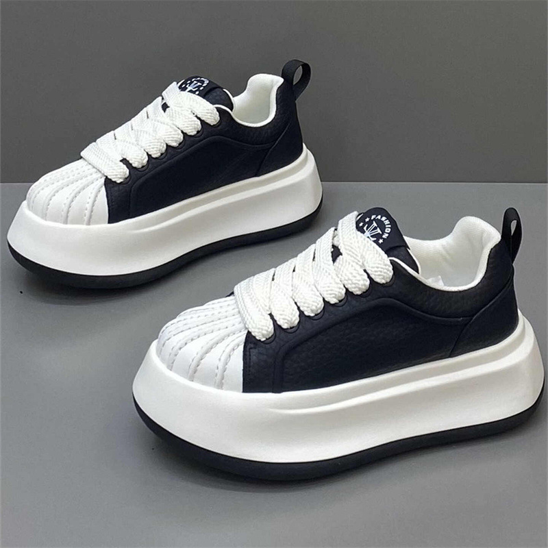Men Shell Toe Platform Sneakers Thick Chunky Sole Skate Shoes Wide Thick Laces Color Block Leather Casual Walking Shoes Streetwear Footwear - view 5