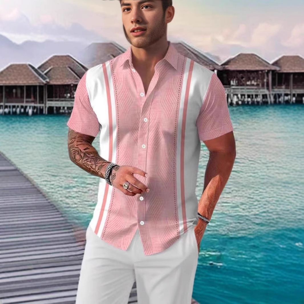 Mens Summer Thin Breathable Beach Striped Print Four-Way Stretch Short Sleeve Floral Shirt - view 5