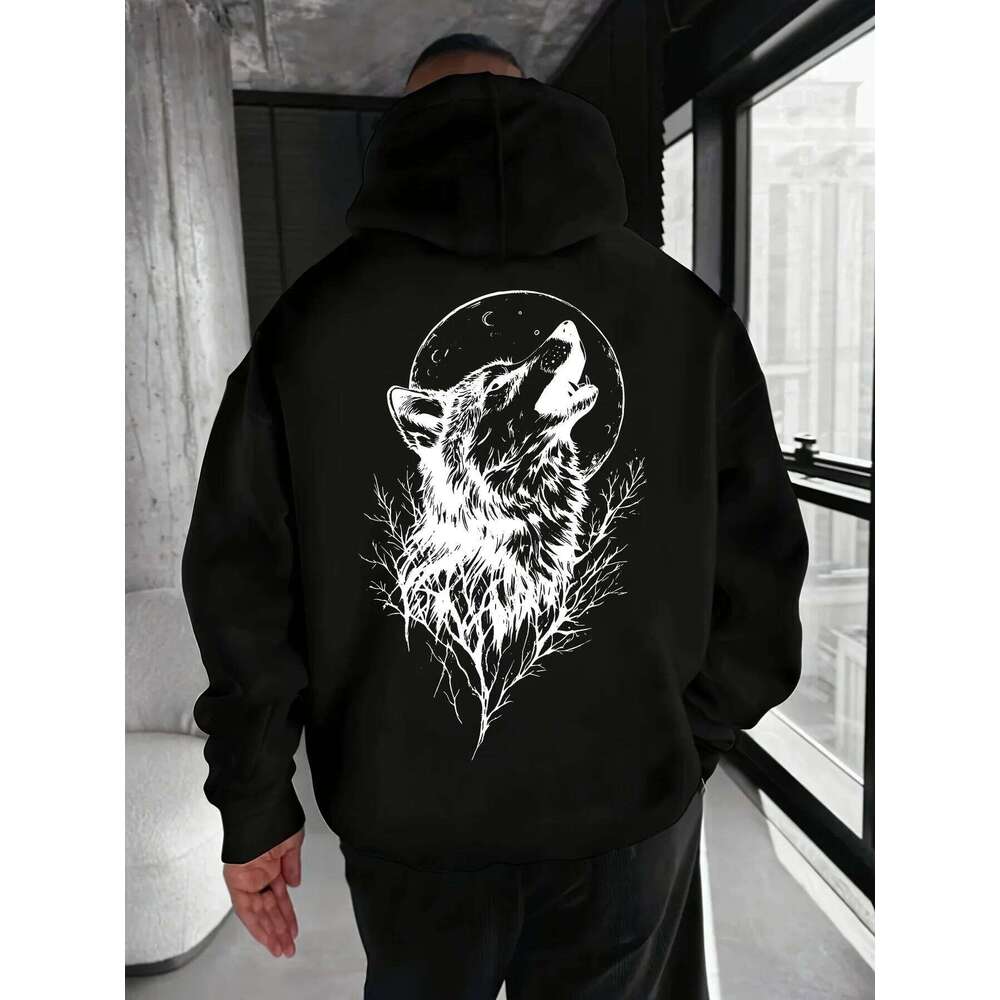 Men's "wolf" pattern printed sweatshirt, drawstring kangaroo pocket, comfortable, casual and fashionable hooded pullover W260626