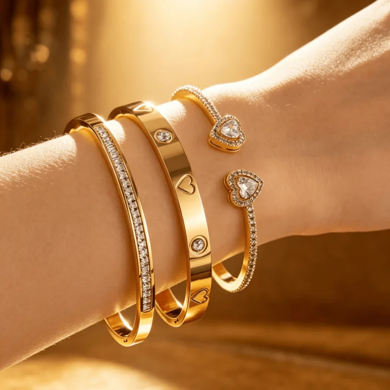 1/3Pcs Gold Plated Stainless Steel Heart Bracelet Set Fashion Zirconia Open Bangle Womens Bracelet Set for Daily Wear 260625 - view 1