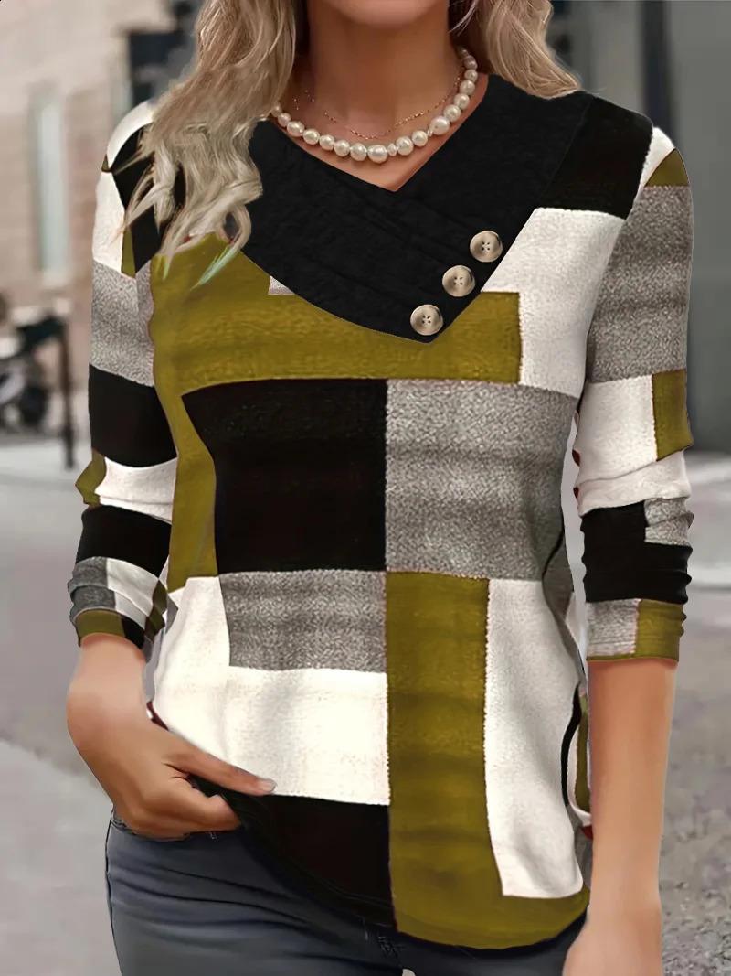 Autumn thin fashion plaid print V-neck button plus size womens long sleeve t-shirt 260626 - view 3