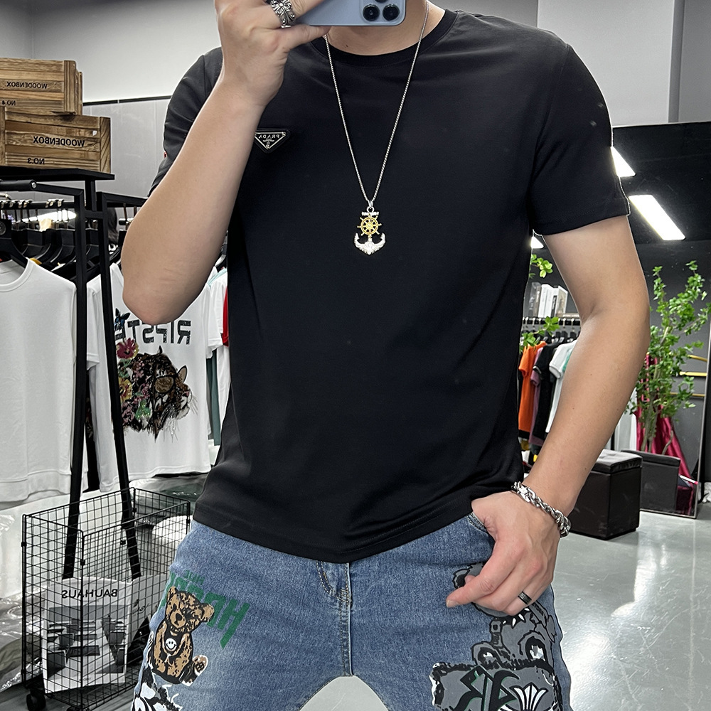 Summer New Style Men's Short-Sleeve T-Shirt With Triangular Logo, Round Neck, Slim Fit, Mercerized Cotton, Fashionable And Simple Half-Sleeve Tee - view 3