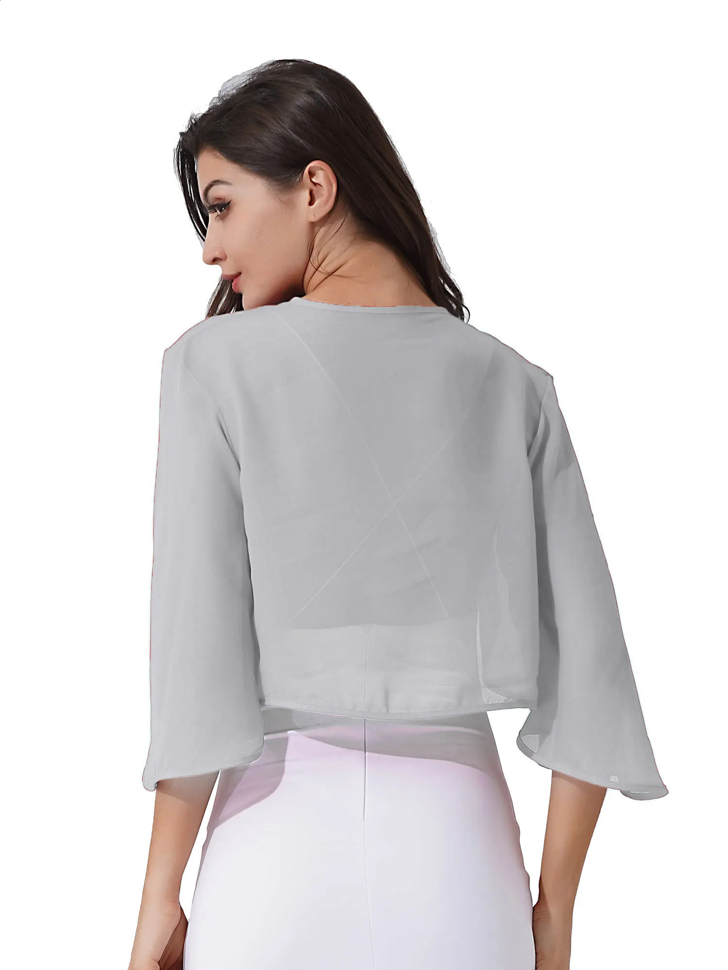 Women 3/4 Sleeve Chiffon Cardigan Bolero Shawls Outerwear Wedding Bridal Party Dress Wraps Beach Vacation Cover Ups Soft Cape 260625 - view 3