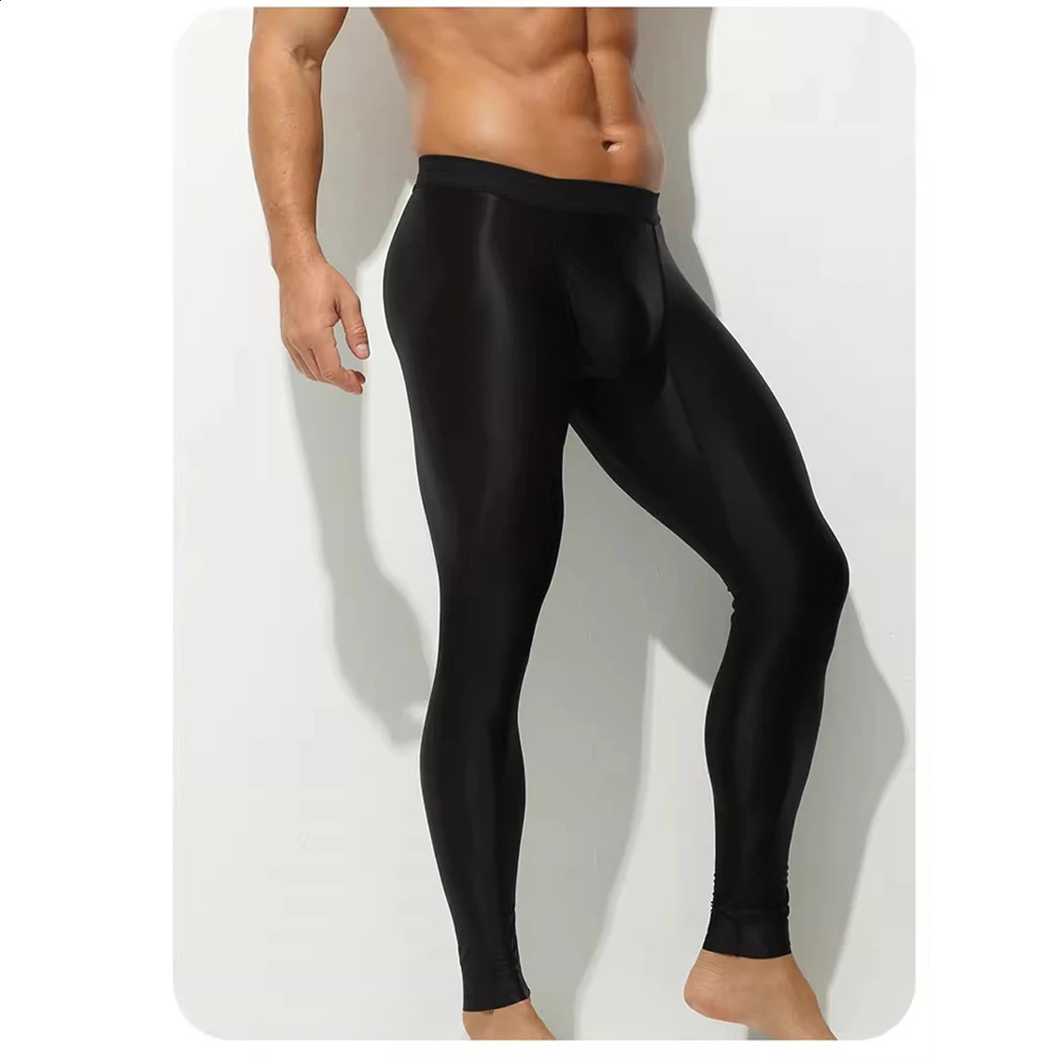 Men Sexy Oil Glitter Ice Silky Thin High Stretch Low Waist Body Shaped Pants Tight Bodybuilding Fitness Sports Leggings 260625 - view 6