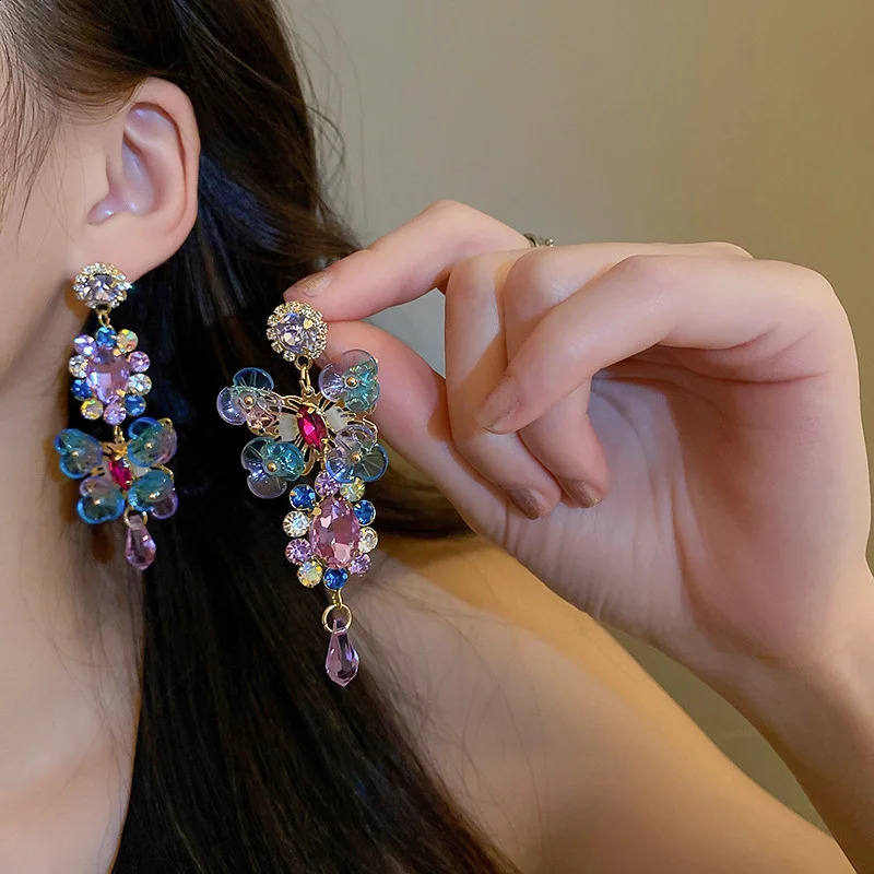Rhinestones Asymmetric Artificial Crystal Flower Round Light Water Drop Dangle Earrings Bohemian Earring K- 260625 - view 1