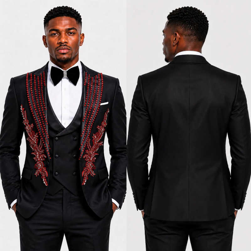 Handsome Wedding Mens Suits 3 Pieces Blazer Pants Vest Peaked Lapel Diamond Beading Party Prom Customized trajes de hombre