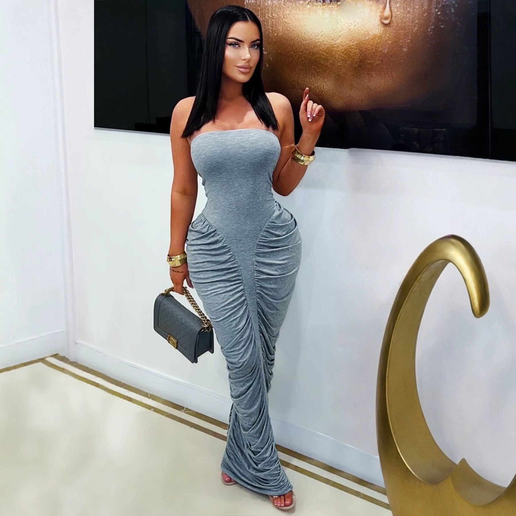 TW853 Womens Sexy Bodycon Long Dress with Wrap Chest and Pleated Design Solid Color Fashionable Casual Dress - view 3