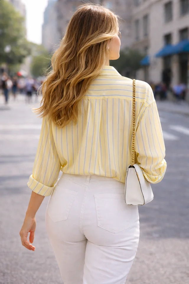 Womens Yellow Striped Button Down Shirt Casual Long Sleeve Blouse 260626 - view 3